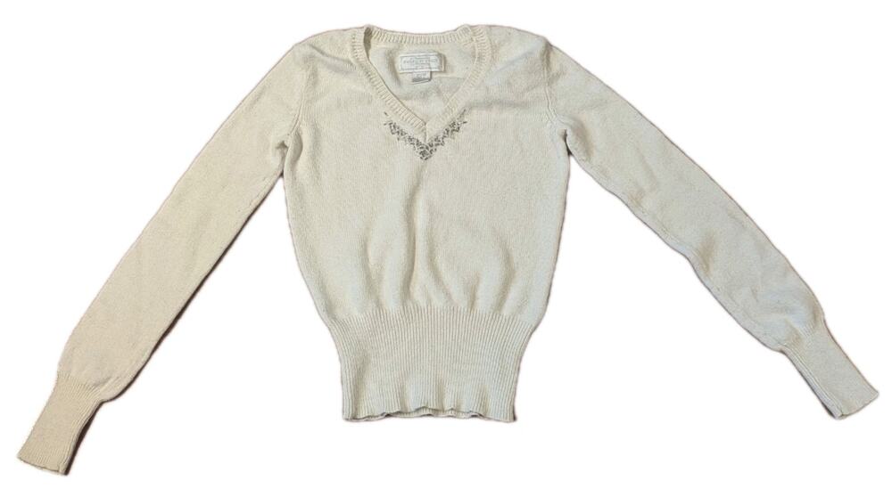 Y2K American Eagle Beaded V-Neck Knit Sweater Cream XS Fitted